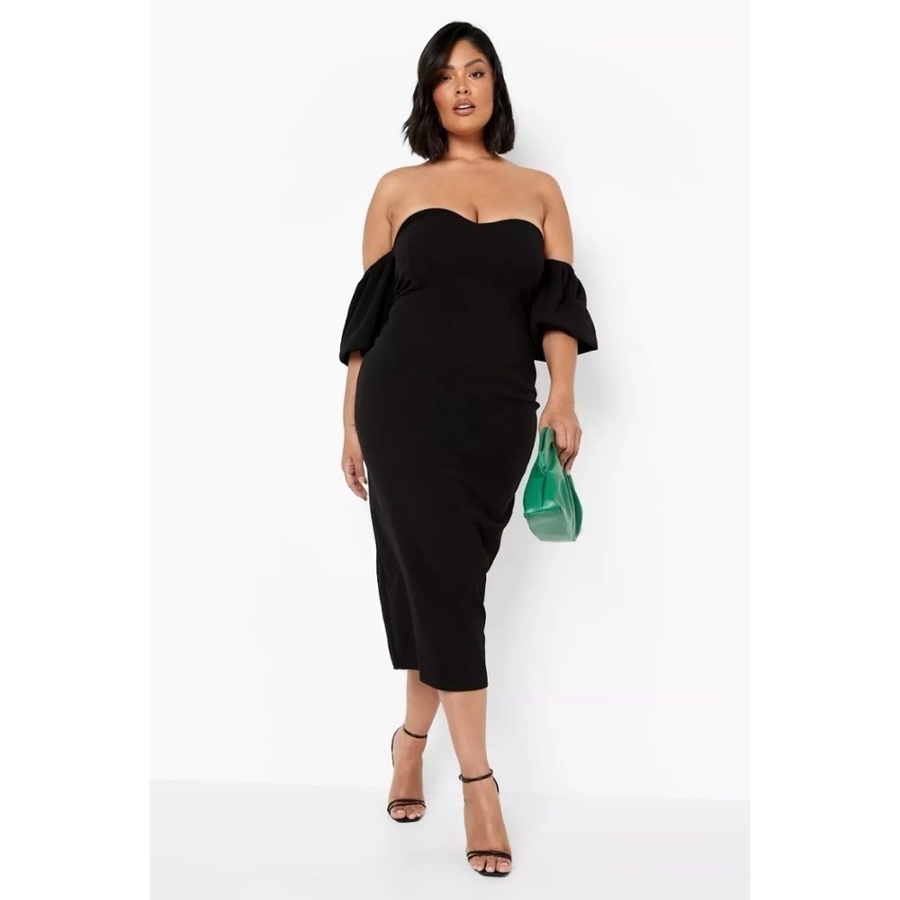 Boohoo Black Off the Shoulder Puff Sleeve Midi Dress